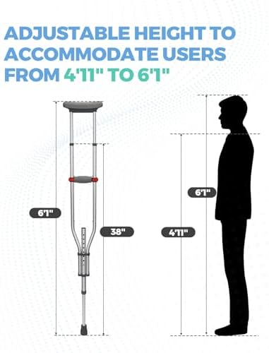 Geiserailie 1 Pair Aluminum Underarm Crutches Lightweight Crutches with Height Adjustment up to 300 Lbs Walking Aid for Adults Elder Range 4'6”– 6'6” with Underarm Pad and Hand Grip