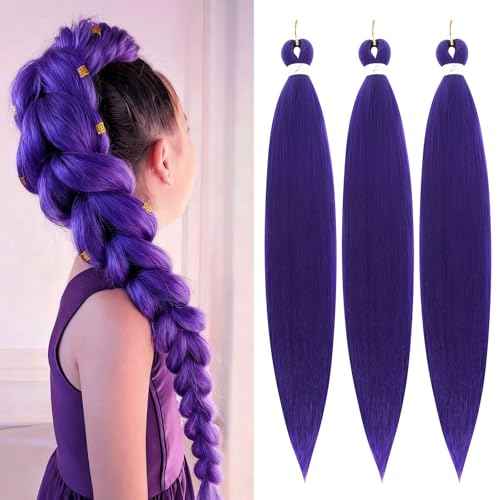 Purple Braiding Hair 24Inch 3 Packs Braiding Hair Pre Stretched Colored Hair Extensions for Twist or Box Braids Hot Water Setting Soft Yaki Texture Long Synthetic Crochet Braids(24Inch, Dark Purple)