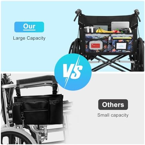 supregear Wheelchair Basket for Back, Large Capacity Wheelchair Backpack Organizer Bag with Multiple Pockets and Cup Holder, Waterproof Storage Pouch for Seniors, Floral Black