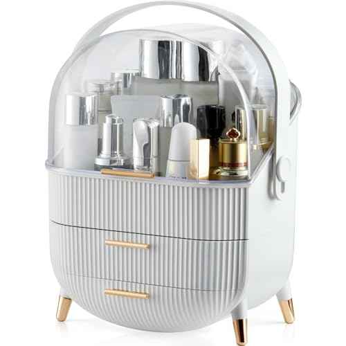 CANITORON Makeup Organizer,Skincare Organizer with 2 Drawers and Transparent Cover,Cosmetic Display Case for Vanity Organizer and Bathroom Countertop Storage.(White)
