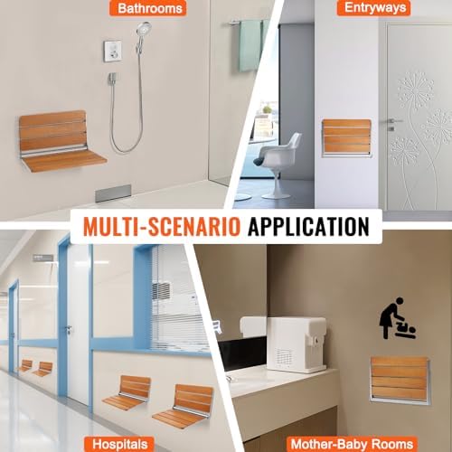 VEVOR Folding Teak Shower Seat, 20.9 x 16'' Unfolded, Wall Mounted Fold Up Shower Bench with 500 lbs Load Capacity, Space Saving Home Care Fold Down Shower Chair, for Seniors Pregnant Women Children