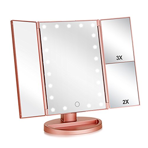 Tri-fold Lighted Vanity Makeup Mirror with 3x/2x Magnification,21 LEDs Light and Touch Screen,180 Degree Free Rotation Countertop Cosmetic Mirror,Travel (Rose Gold)
