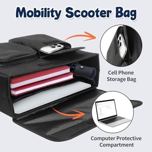 Boczif Mobility Scooter Bag, Electric Scooter Caddy Organizer Pouch, Electric Mobility Scooter Basket Bag with 14Inch Laptop Pocket and Cup Holders for Wheelchair & Rollator (Mobility Scooter Bag)