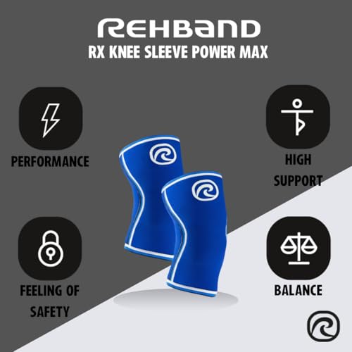 Rehband 7mm Power Max Knee Compression Sleeve for Strength Sports, Competition Grade, Neoprene Knee Sleeves for Bodybuilding & Heavy Powerlifting, Colour:Blue - 1 Pair, Size:Small