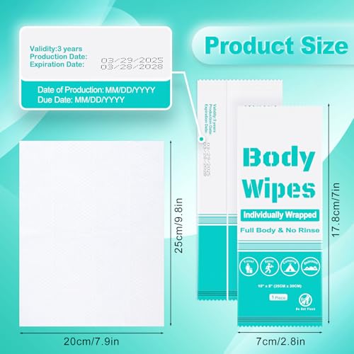 200Pcs Disposable Body Wipes, 7.8 x 9.8 inch Individually Wrapped Bath Wipes for Women and Men, No Rinse-Free Large Body Bath Shower Wipes for Home Travel Hotel Outdoors Camping After Gym (Light Blue)