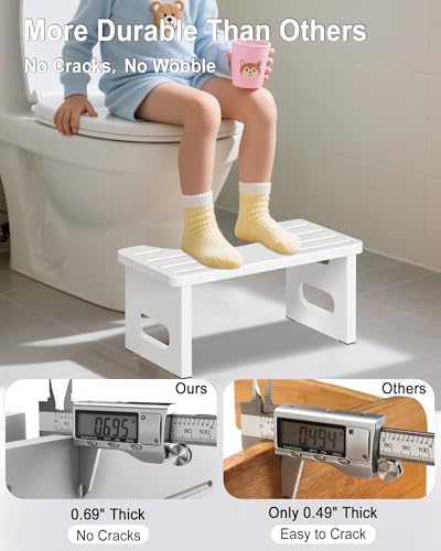 Foldable Toilet Stool, 7 Inches Bamboo Toilet Stool Squat for Adults, Collapsible Poop Stool for Bathroom, Potty Step Stool with Non-Slip Strip (White)