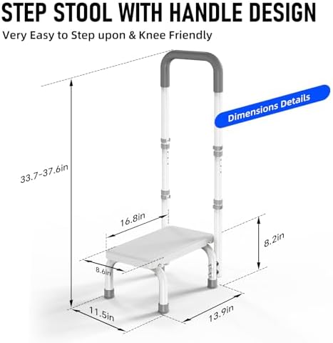 Step Stool with Handle for Ederly and Non-Skid Platform, Height Adjustable Heavy Duty Steps Foot Stool for Adult, Seniors, Foot Stool for Bedside, Kitchen,Bathtub Car,Safely Load 440 lbs. (White)