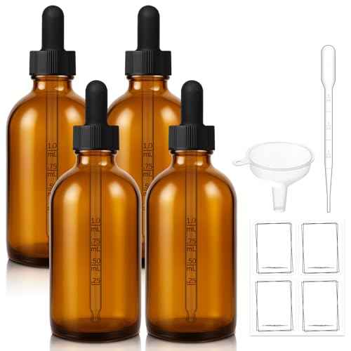 Bumobum Dropper Bottle, 4 oz Amber Glass Dropper Bottle with Measured Dropper, Empty Eye Tincture Bottles with Funnel, Pipette & Labels for Essential Hair Oils Serums, 4 Pack