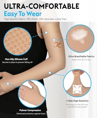 KEKING Lymphedema Compression Arm Sleeve with Gauntlet for Women Men, 20-30 mmHg Medical Graduated Compression Arm Brace, Full Arm Support Brace for Pain Relief, Arthritis, Swelling, Single Beige L