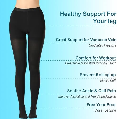 Medical Compression Pantyhose for Women & Men,20-30mmHg Graduated Support Hose Tights,Opaque Close Toe Waist High Compression Stockings for Varicose Veins,Swelling,Edema,Flight