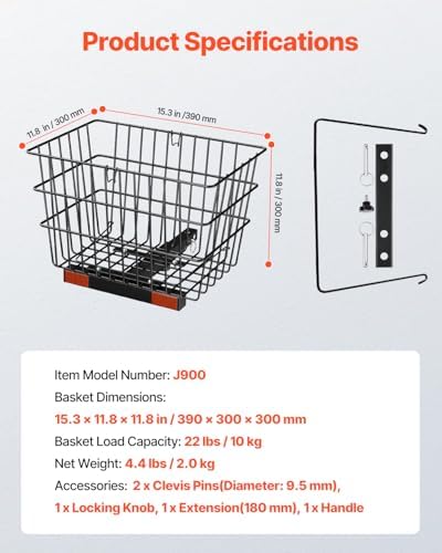 VEVOR Scooter Rear Basket, Heavy Duty Metal Wire Basket with Handle, Spacious Cargo Basket, Works with 1-inch Receiver, Compatible with Most Golden, Drive & Pride Mobility Scooter