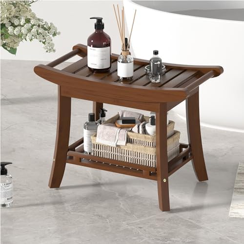 Bamboo Shower Bench Chair Bathroom Shower Stool Seat for Inside Shower Bathtub with Storage Shelf Shower Foot Rest for Shaving Legs 25.2 x 13 x 19.2 Inches Chestnut Brown