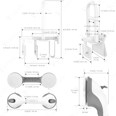 Adjustable Bathtub Safety Rail with Showers Suction Handle,YuanDe 17x6 Inch Stainless Steel Tub Handle Grab Bar, Heavy Duty Bath Handles Clamp for Elderly Seniors Injury Disabled (300 LBS), White
