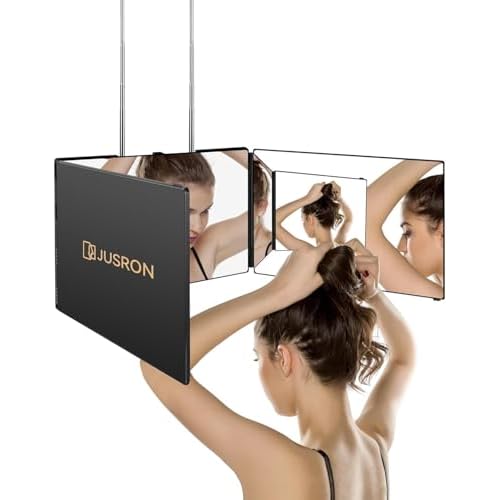 JUSRON 360 Viewing Angle Self Hair Cutting Mirror, Clear Anti-Fog HD Glass (Black Without LED Without Accessories)