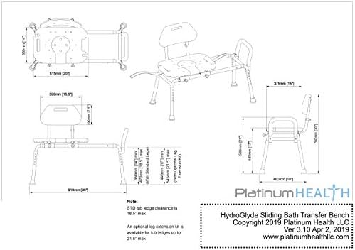 Platinum Health Sliding Shower Chair HydroGlyde Premium Heavy Duty, Padded Bathtub Transfer Bench with Cut Out Seat, for Bath Tub, Adjustable Legs, and Safety Belt, Quick Tool-Less Assembly, Blue