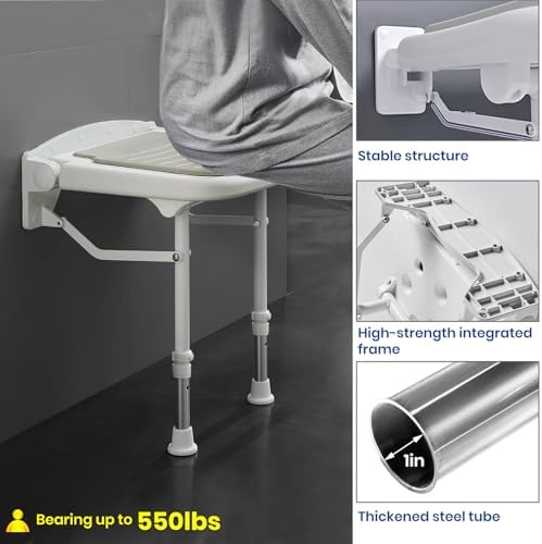 Wall Mounted Shower Seats with Bathroom Grab Bar, Support 550lbs, Adjustable Height Fold Down Shower Seat Wall Mounted, Folding Shower Bench Wall Mounted for Elderly-Adults-Pregnants-Seniors-Disabled