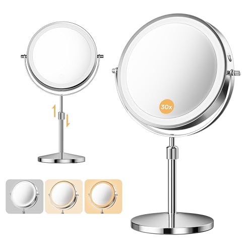 Makeup Mirror, 1X/30X Double Sided Magnifying Mirror/Switch with 3 Colors, 3200 mAh Rechargeable, 8" Lighted Makeup Mirror with Magnification, Adjustable Brightness, for Vanity or Bathroom