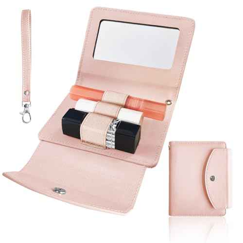 PU Lipstick Case Holder with Mirror Holds 3pcs of Long Lipsticks Keychain Holder with Clip Organizer Bag for Outside Mini Bag Pouch Gift for Women-Pink