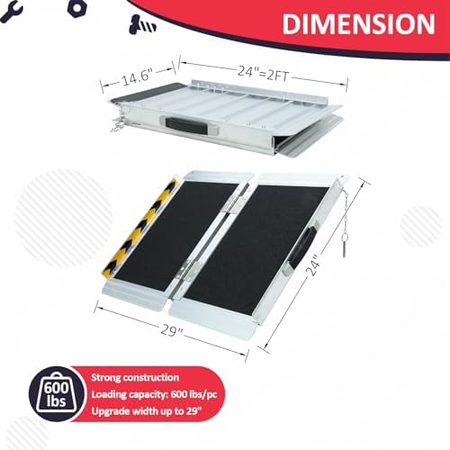 PENSUN 2FT Wheelchair Ramp, 24" L x 29" W Threshold Ramps, Non-Skid Portable Foldable Wheelchair Ramps for Steps, Lightweight with Handle, for Home, Stairs, Doorways, Curbs / 600lbs Capacity (2FT)