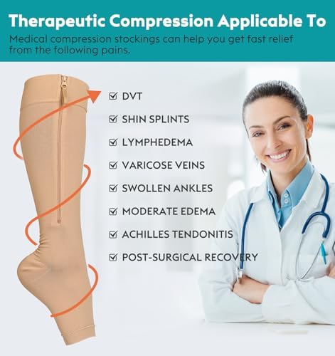 NURCOM Copper Compression Socks Open Toe Knee High Stockings, 20-30 mmHg Graduated Zipper Compression Socks for Varicose Veins, Venous Insufficiency, Lymphedema, Swelling, Unisex, Beige X-Large