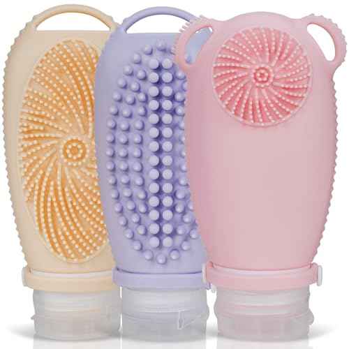 Sumina Premium Silicone Travel Bottles 3-Pack (3.4oz) | TSA Approved Leakproof Toiletry Containers | Refillable Shower Bottles & Gentle Exfoliating Scrubber for Sensitive Skin