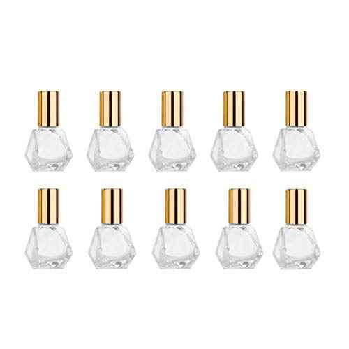 ConStore 10 PCS Mini Portable Polygonal Clear Glass Roller Bottle,8ml/0.27oz DIY Travel Essential Oil Roll On Bottle with Stainless Steel Ball Gold Cap