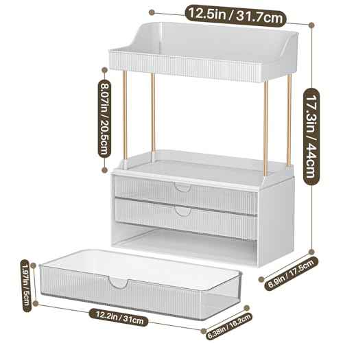 5 Tiers Bathroom Counter Organizer - 3 Drawers Makeup Organizer, Cosmetic Storage Drawer for Dresser Countertop and Bathroom Vanity for Large Skincare, Perfume, Clear