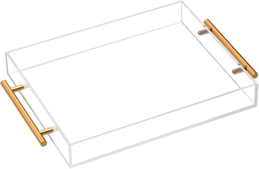Acrylic Tray 16x12 with Golden Metal Handles - Spill Proof Decorative Tray is an Ideal Countertop Organizer for Living Rooms, Ottoman Coffee Tables, Offices, Kitchens & Serving Guests