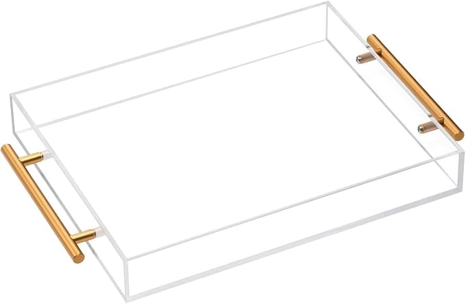 Acrylic Tray 20x16 with Golden Metal Handles - Spill Proof Decorative Tray is an Ideal Countertop Organizer for Living Rooms, Ottoman Coffee Tables, Offices, Kitchens & Serving Guests
