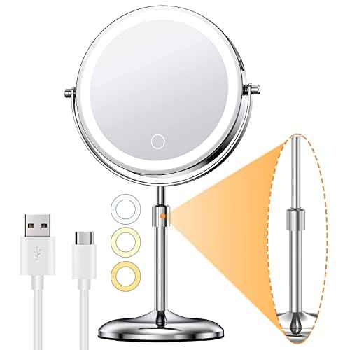 Gospire 7" Lighted Makeup Mirror with Magnification 10X/1X, Height Adjustable & 3 Color Dimmable Lights, 360¡Æ Swivel Double Sided Light up Rechargeable LED Cosmetic Vanity Cordless Standing Mirror