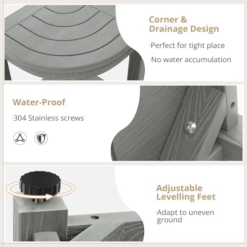 LUE BONA Shower Bench for Inside Shower, Gray HDPS Corner Shower Stool for Shaving Legs, 17" Waterproof Storage Shelf for Bathroom, Small Shower Seats Chair/Foot Rest, Indoor or Outdoor Use