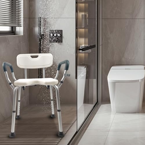 Shower Chair Seat with Arms and Back, Padded Handicap Shower Bench for Adults, Elderly and Disabled, Adjustable seat Height ranges from 14.9 to 21.3 inches