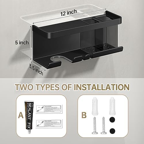 Hair Dryer Holder, Blow Dryer Organizer, Hair Dryer Holder Wall Mounted with Shelf for Bathroom, Salon, Bedroom Organizers & Storage(Matte Black)