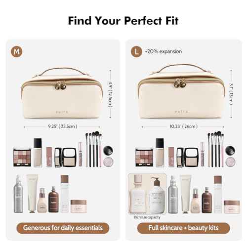 Prite Makeup Bag for Women Travel Waterproof Vegan Leather Cosmetic Bag Open Flat Toiletry Bag With Clear Divider and Handle (Large Beige)