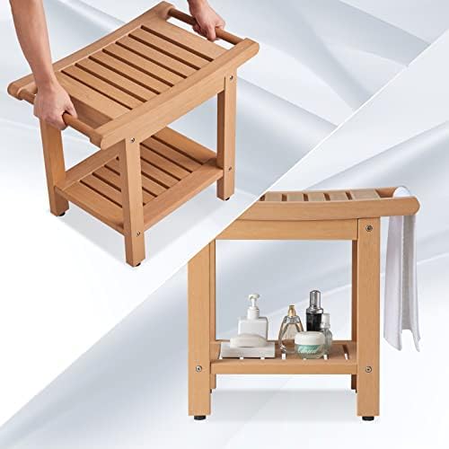 Poly Lumber Shower Bench Seat, Larger Size 22" x 13", Shower Benches for Inside Shower, Waterproof Shower Stool with Handles & Storage Shelf, Shower Chair for Bathroom, Bath Stool (Teak Color)