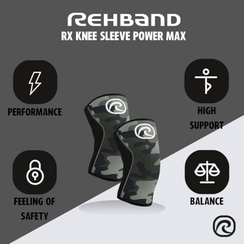 Rehband 7mm Power Max Knee Compression Sleeve for Strength Sports, Competition Grade, Neoprene Knee Sleeves for Bodybuilding & Heavy Powerlifting, Colour:Camo - 1 Pair, Size:Small