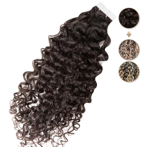 Clytie Raw Curly Tape in Hair Extensions Real Human Hair, One Donor Tight Curly Human Tape ins Hair Extensions 20 PCS 20IN Salon Bleachable Deep Curly 50g Invisible Taping for Thin Hair Light Weight