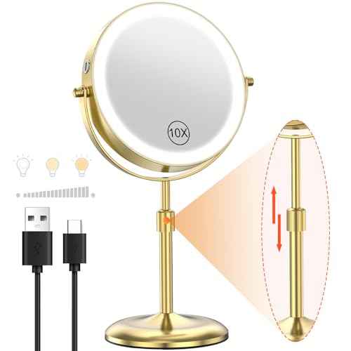 Benbilry Lighted Makeup Mirror with 3 Color Lights & 10X Magnification, Adjustable Brightness & Height, 7 Inch 360¡Æ Swivel Rechargeable 10X LED Magnifying Vanity Mirror with Light, Gold