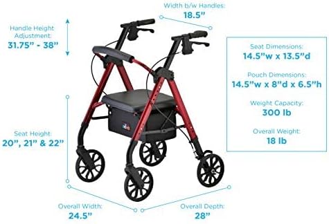 NOVA Star 8 Rollator Walker with Perfect Fit Size System, Lightweight & Foldable, Easy to Lift & Carry, Great for Travel, Color Red