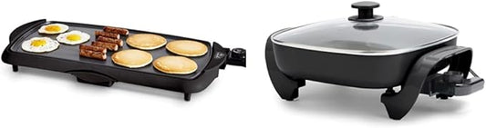 GreenLife 20" Electric Griddle, Extra Large Surface for Pancakes Eggs Fajitas, Healthy Ceramic Nonstick Coating,Black & Healthy Ceramic Nonstick, 12" 5QT Square Electric Skillet with Glass Lid, Black