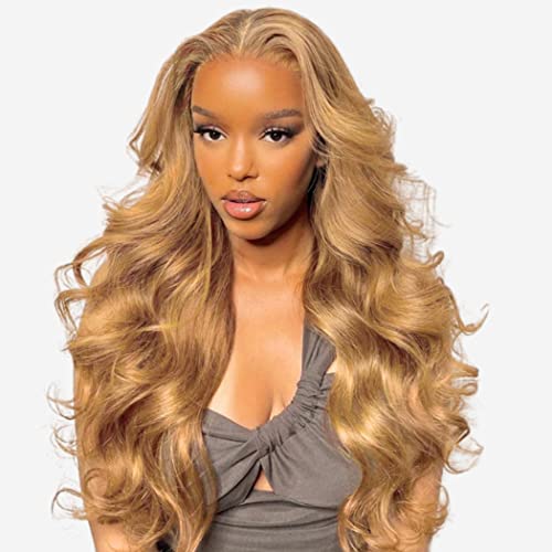 Honey Blonde Lace Front Wigs Human Hair 13x4 HD Transparent Lace Frontal Wigs Body Wave Colored 27 Honey Brown Wavy Wig Pre-Plucked Hairline 180% Density 24 inch