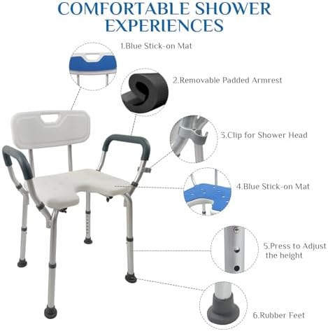 Shower Chair Seat with Arms and Back, Padded Handicap Shower Bench for Adults, Elderly and Disabled, Adjustable seat Height ranges from 14.9 to 21.3 inches