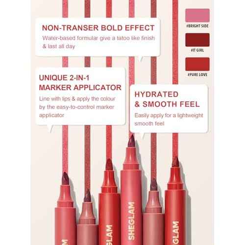 SHEGLAM Love Stained Lip Tint Marker Matte Red Lip Stain Pen Highly Pigmented Long-Lasting Lip Liner Contour Tint Lip Makeup-Bright Side
