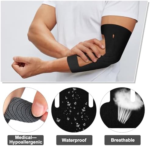 30 Count Kinesiology Tape for Elbow Pre Cut Waterproof Elbow Tape Original Cotton Athletic Latex Free Relief Muscle Support Pain for Sports and Long Lasting Support(Black)