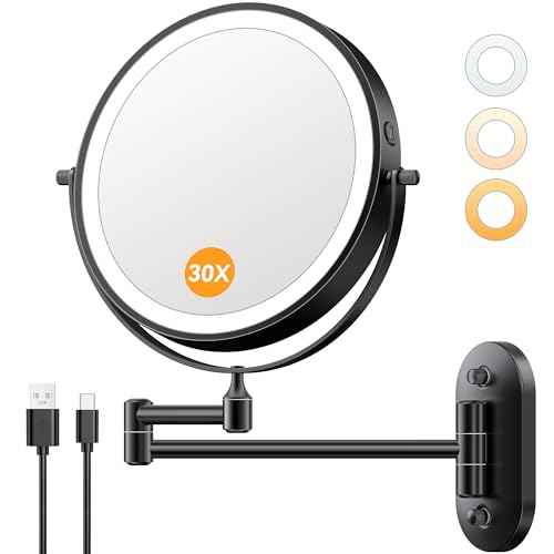 Auxmir 1X/30X Wall Mounted Makeup Mirror with Light, 8" Rechargeable Double-Sided Magnifying Mirror, Vanity Mirror Dimmable 3 Color Light, 360¡Æ Extension Rotation Foldable 14.5 Inch Arm, Black