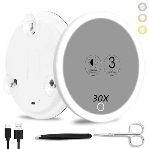 Magnifying Mirror with Light 30x, Large 6'' Lighted Suction Magnified Mirror, 3 Color Modes Dimming High Magnification Travel Makeup Mirror, Rechargeable Battery, with Tweezers & Scissors