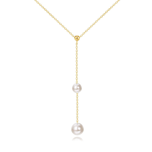 14K Yellow Gold Pearl Necklace for Women,Natural Freshwater Cultured 5+6MM Pearl Necklace Gold Jewelry Gift (06-5MM Pearl+6MM Pearl Necklace)