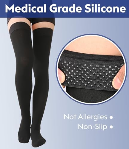 Thigh High Compression Stockings Closed Toe for Men & Women, Opaque, KEKING 15-20mmHg Graduated Compression Leg Support Hose with Silicone Band - Swelling, Varicose Veins, Edema, DVT, Black 4X-Large
