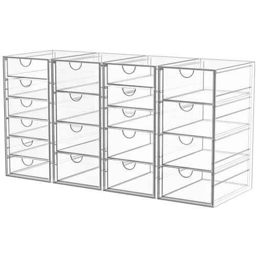 Acrylic Makeup Organizer with 19 Drawers, 4 Pack Clear Storage Drawers, Bathroom Makeup Organizer for Palettes, Cosmetic, and Beauty Supplies,Ideal for Vanity, Cabinet,Desk Organization