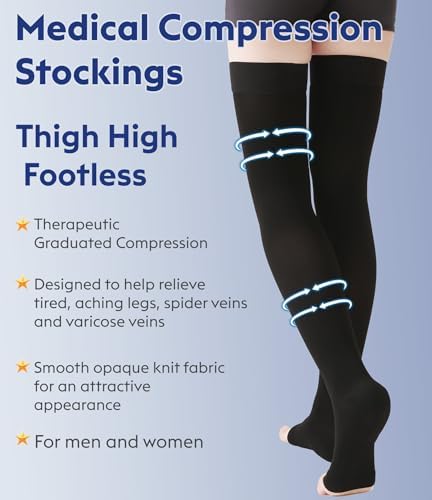 Thigh High Compression Stockings Toeless - Unisex, Opaque, KEKING 15-20mmHg Graduated Compression Leg Support Hose with Anti-Slip Silicone Band - Swelling, Varicose Veins, Edema, Travel, Black Large